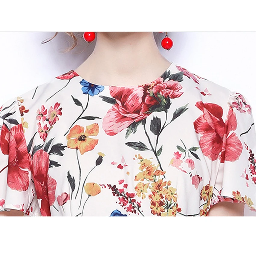 

2021 Summer Floral Print Elegant Dress Women Short Sleeve Office Sheath Dress Korean Fashion Designer Midi Dresses Ruffle