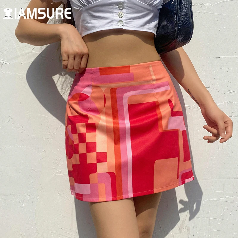 

IAMSURE Geometric Printed Mini Skirts Y2K Aesthetic Sexy Slim High-Waisted Skirt Women 2021 Fashion Casual Streetwear Sweet 90S
