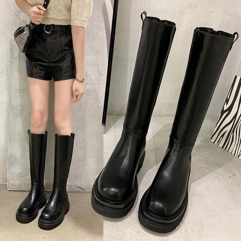 

DORATASIA Hot Sale Women Solid Platform Zipper Knee High Shoes Thick Bottom Cool Fashion Design Boots Women Boots