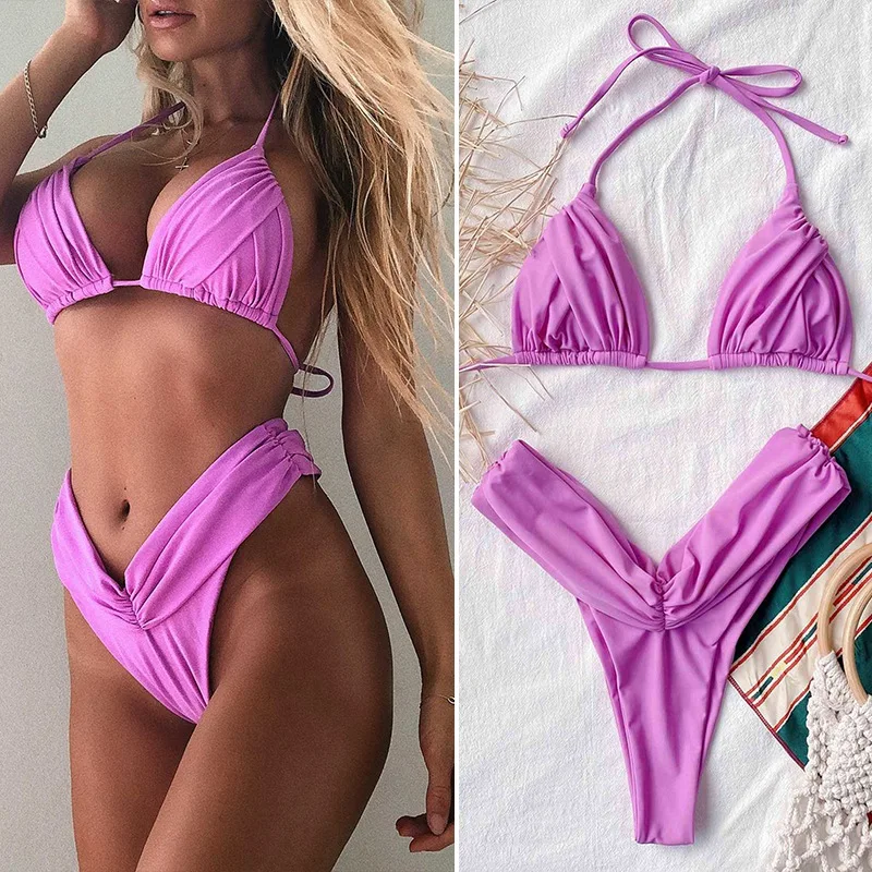 

Women's Solid Color Pleated Shirt Women's Outer Single Swimsuit Purple