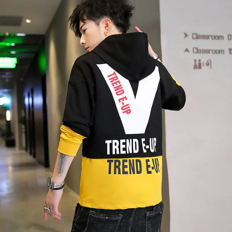 

Hooded men's loose stitching long sleeve spring and autumn new Korean style casual Joker men's tide clothes