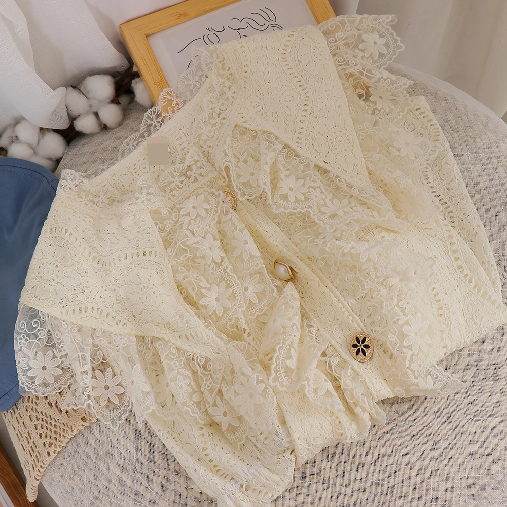 

Fairy Style Sweet Girl Solid Color Lace Ruffled Shirt Women's New Peter Pan Collar Various Buttons Top Short Sleeve Mesh Blouse