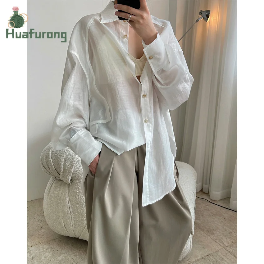 

Korean Style Lazy Lapel Shirt Women Slightly Transparent Loose Thin Long-sleeved Blouse With Trun-down