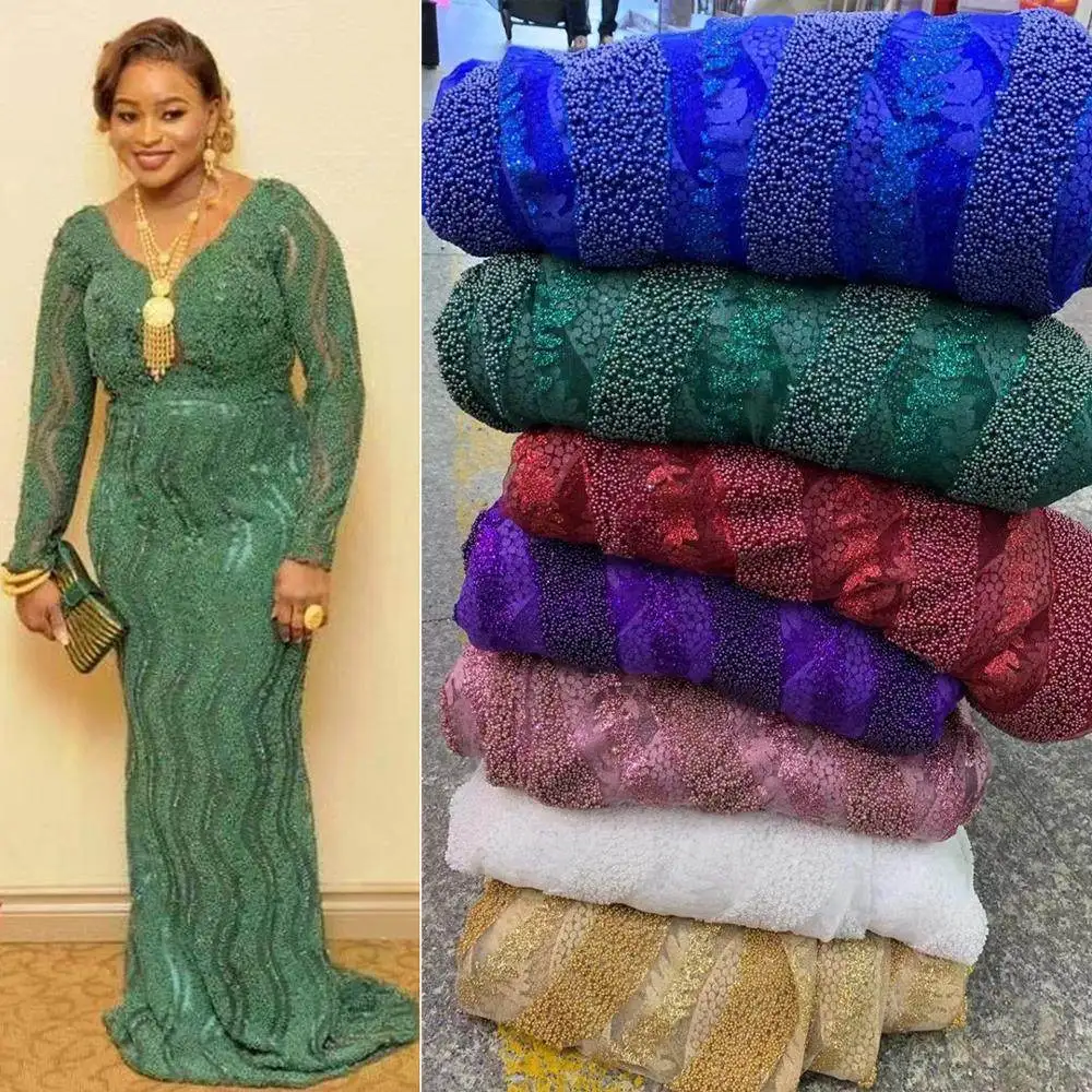 

Latest High Quality African Fashion Wine Red Full Beaded Tulle Lace Fabric