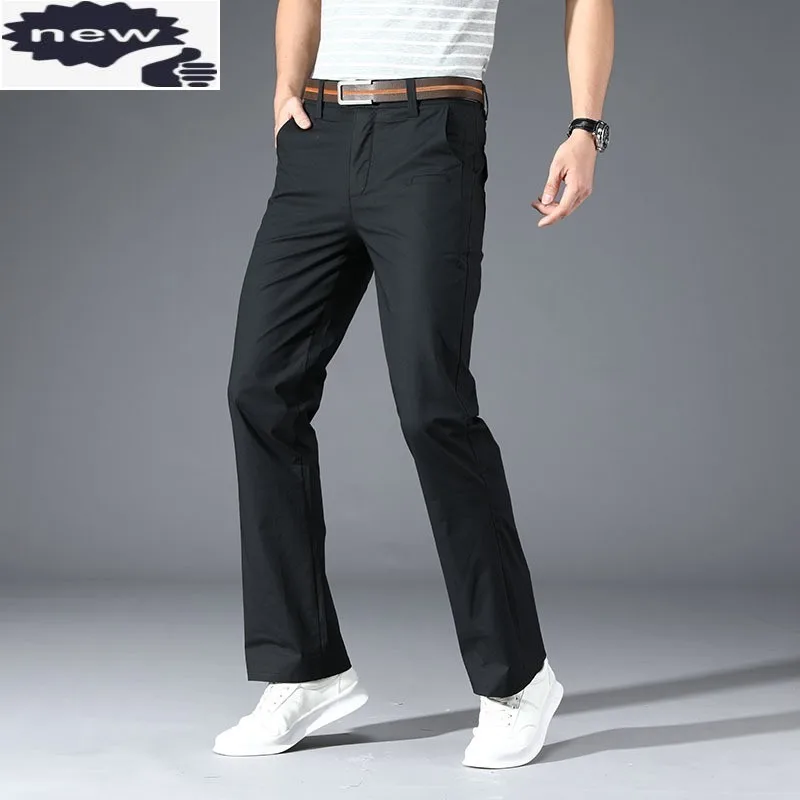 

Mens Casual Summer Lightweight Slim Fit Elastic Trousers Fashion Flare Men Solid Black White Khaki Gray Suit Pants