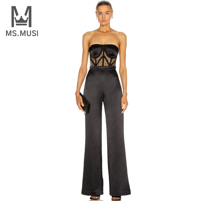 MSMUSI 2022 New Fashion Women Sexy Strapless Lace Sleeveless Mesh Bodycon Long Pant Jumpsuit Party Club Lady Summer Jumpsuit