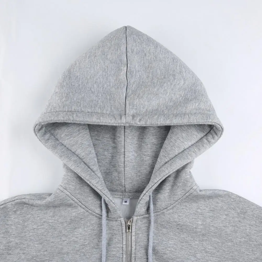 Women Long Sleeve Solid Color Pocket Crop Top Plush Warm Zipper Coat Hoodie