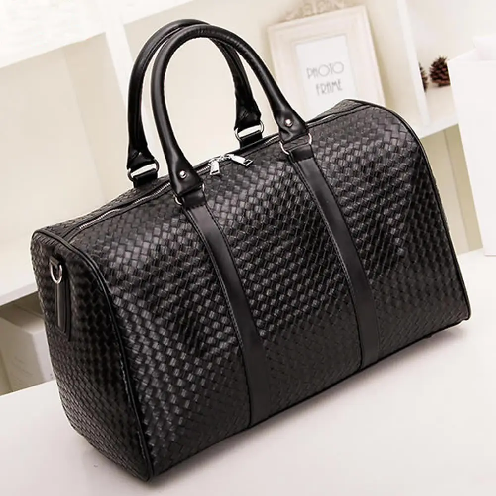 New Fashion Black Woven Travel Bag Large Capacity Casual Business Weekend Overnight Bags PU Leather Luggage Bag Dripshipping