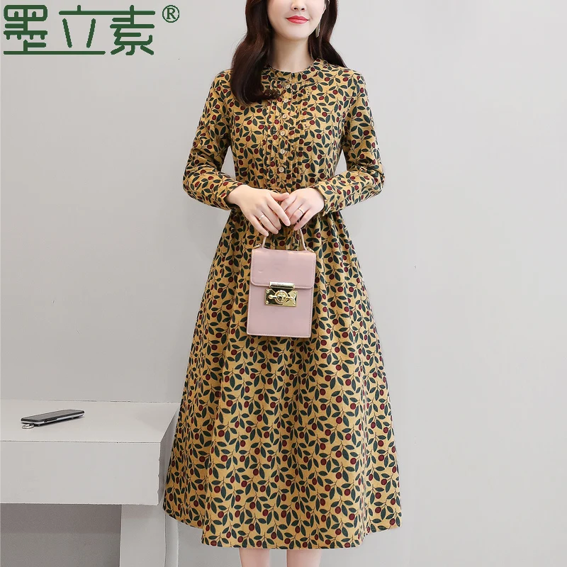 

Dress Cotton Linen 2020 Autumn Winter New Style WOMEN'S National Wind Retro Waist Hugging Slimming Elegant Floral-Print Dress