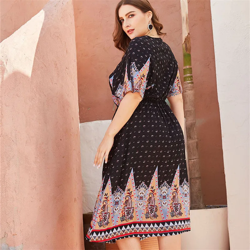 

New Arrival 2020 Summer Women Print Dress Plus Size V-neck Casual Slim Maxi Dress Plus Size