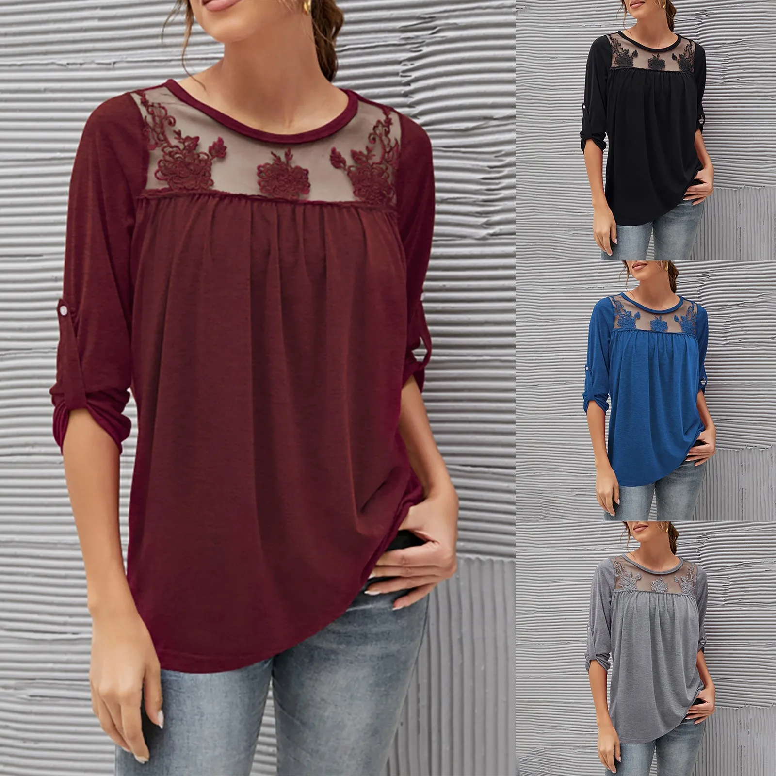 

Женский кружевной плиссированный топ, Свободный Топ с коротким рукавом три четверти и вышивкой, весна-лето 816 # Q