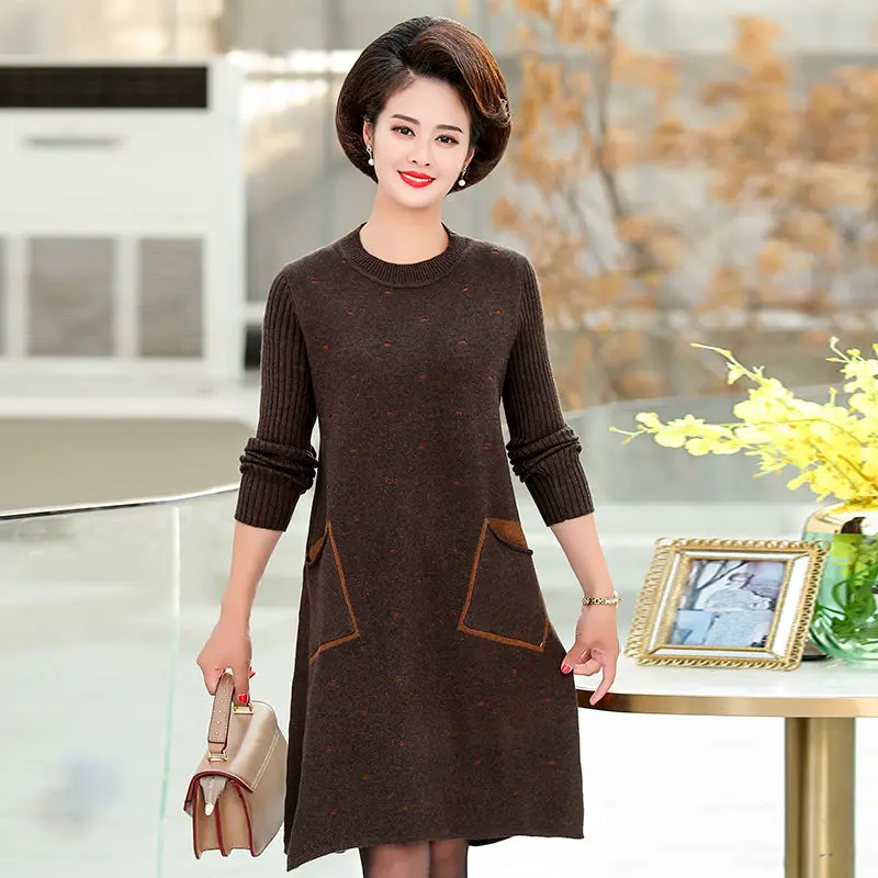 

Women 2021 Autumn Fashion Middle-aged Printed Dress Female Knitted Sweater Vestidos Ladies O-neck Pockets A-line Dresses M216