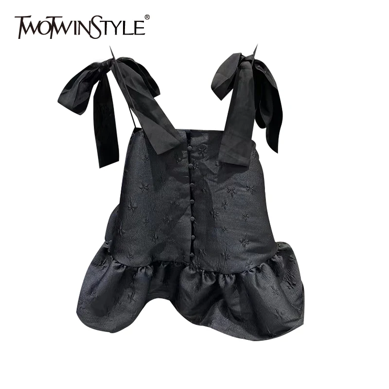 

TWOTWINSTYLE Casual Black Bowknot Vest For Women Square Collar Sleeveless Lace Up Tank Top Females Summer Fashion New 2021 Style