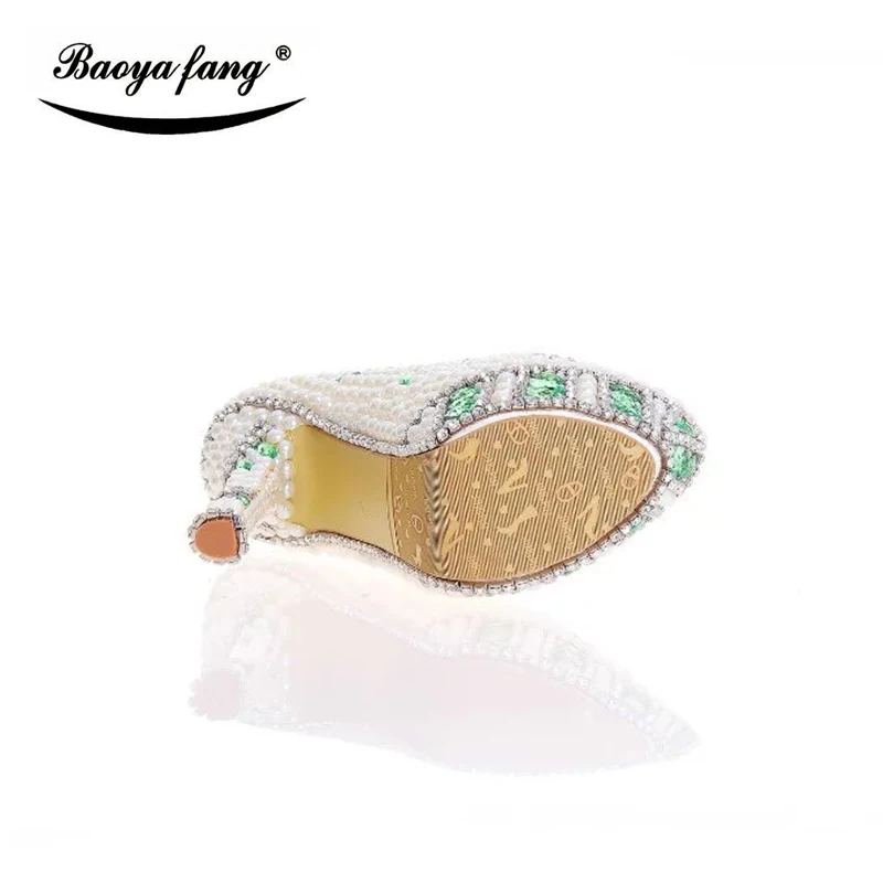 

Beige pearl Women beaded Wedding shoes Bride fashion dress shoes thin heel platform shoes woman Leather insole high shoes