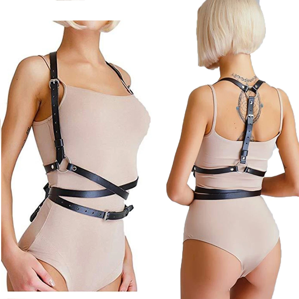 

Punk Women Black Leather Waist Belt Chest Straps Harness Halloween Costume