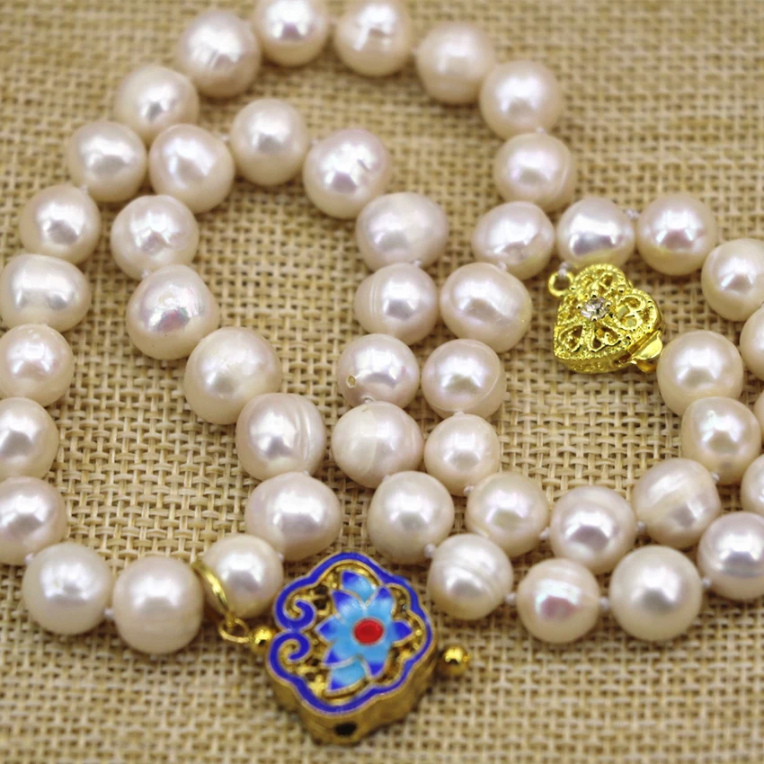 Природный 9-10 мм белый пресноводный жемчуг бусы колье серьги золото-цвет