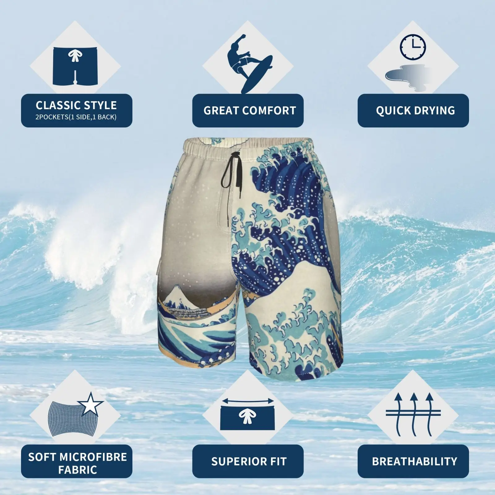 Пляжные шорты по лучшей цене футболки с принтом магнитов и т. Д. Hokusai большие