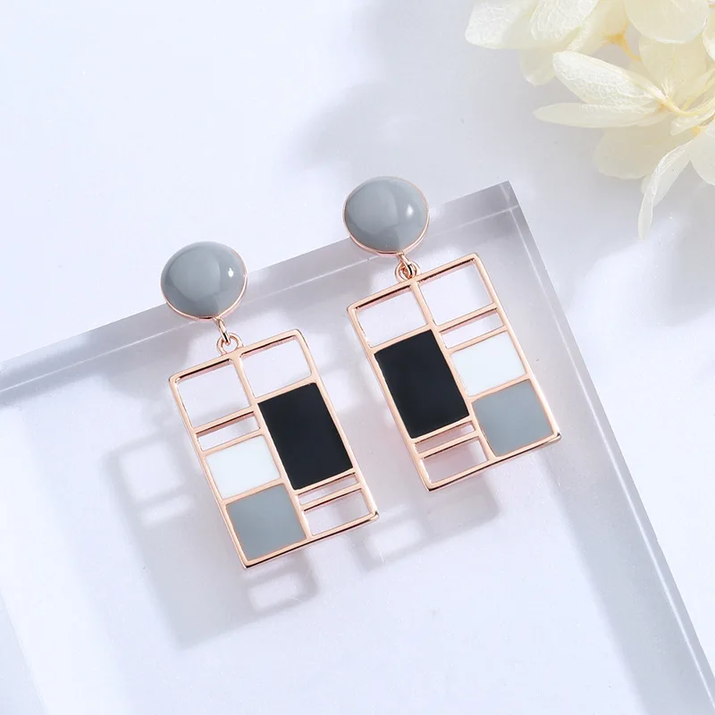 

Korean Earrings Simple 925 Sterling Silver Black White Gray Epoxy Rectangular Geometric Ear Rings for Women Girls Birthday Gifts