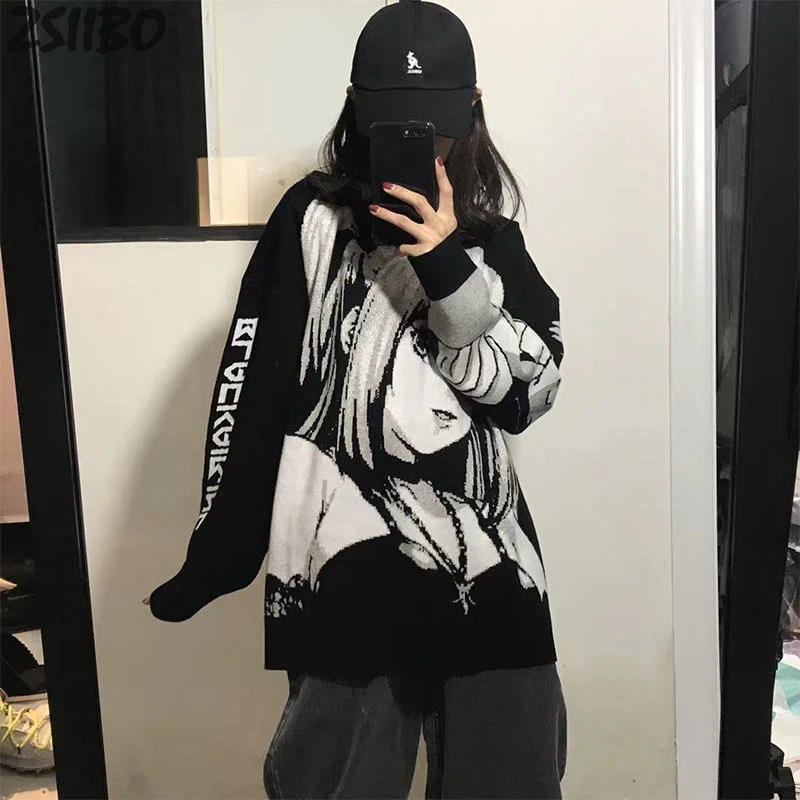 

Vintage Female's HipHop Sweater Unisex Harajuku Streetwear Retro Japanese Style Anime Autumn Knitted Sweater Cotton Pullover Top