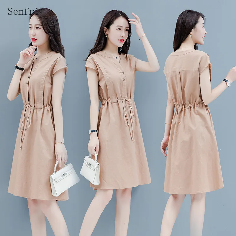 

Semfri Women Dress 2020 New Summer Cotton and Linen Dresses Female Mid-length V-neck Plus Size Waist Thin Linen Dress
