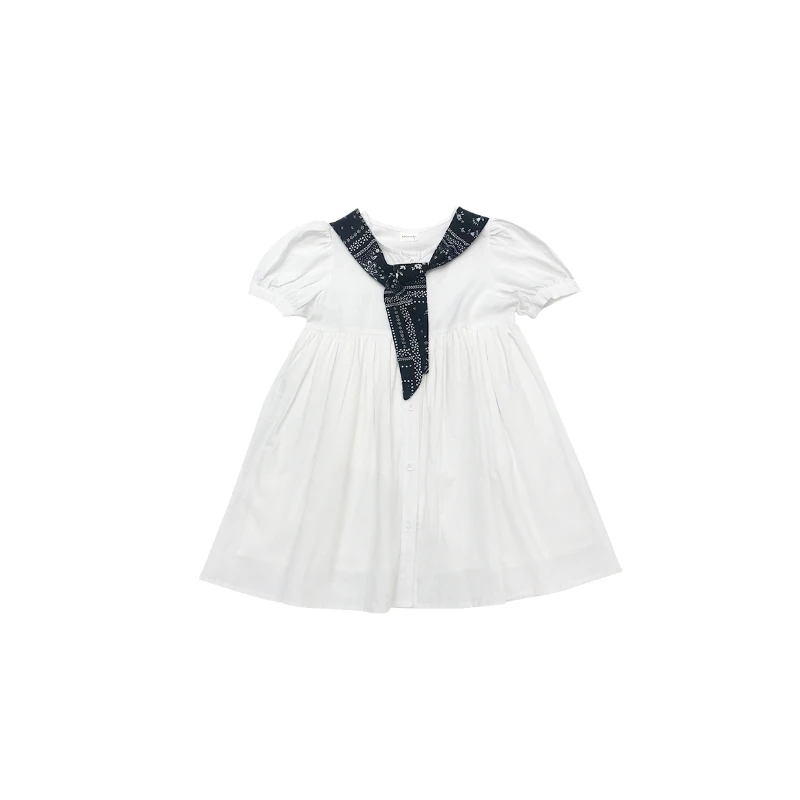 

Mila Chou 2021 Summer Girl's Bow Tie Short Sleeve Dress Children's Puff Sleeve Loose Dress Kids Solid Color Tie Dress 2-8 Yrear