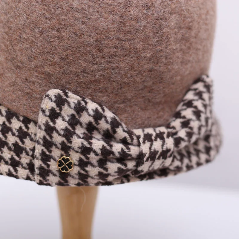 New Warm Arrive Autumn Winter Fashion Wool Thickness Elegance Woman Bow Patchwork Hound Tooth Pattern Fedoras Panama Bucket Hat |