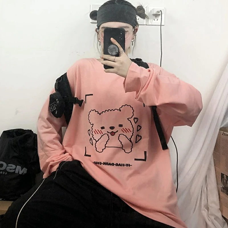 

Женская футболка с длинным рукавом, в стиле Харадзюку, розовая, осенняя