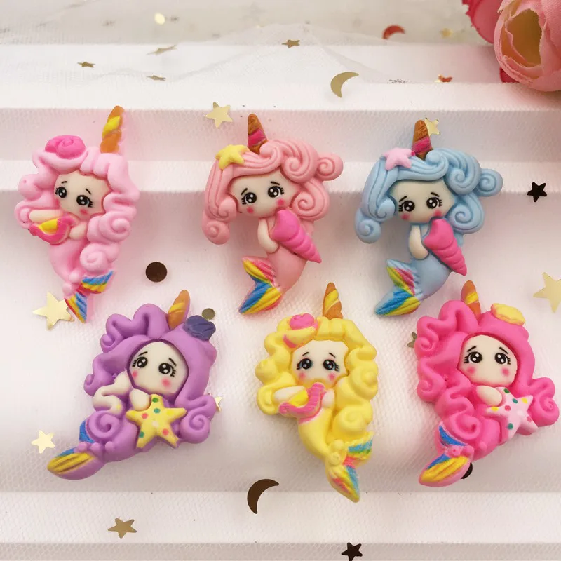 Hand Painted Resin Kawaii Colorful Mermaid Princess Girl Flatback Cabochon Stone 10PCS Scrapbook DIY  Decor Home Figurine Crafts