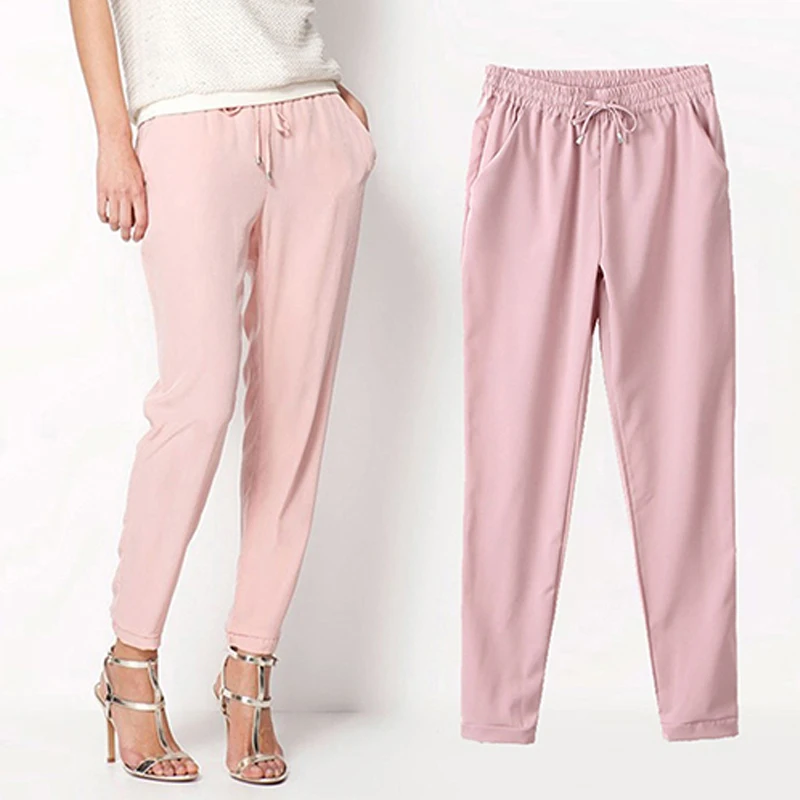 

New Women's Casual Solid Color Drawstring Elastic Waist Chiffon Trousers Harem Pants trousers for women female pants