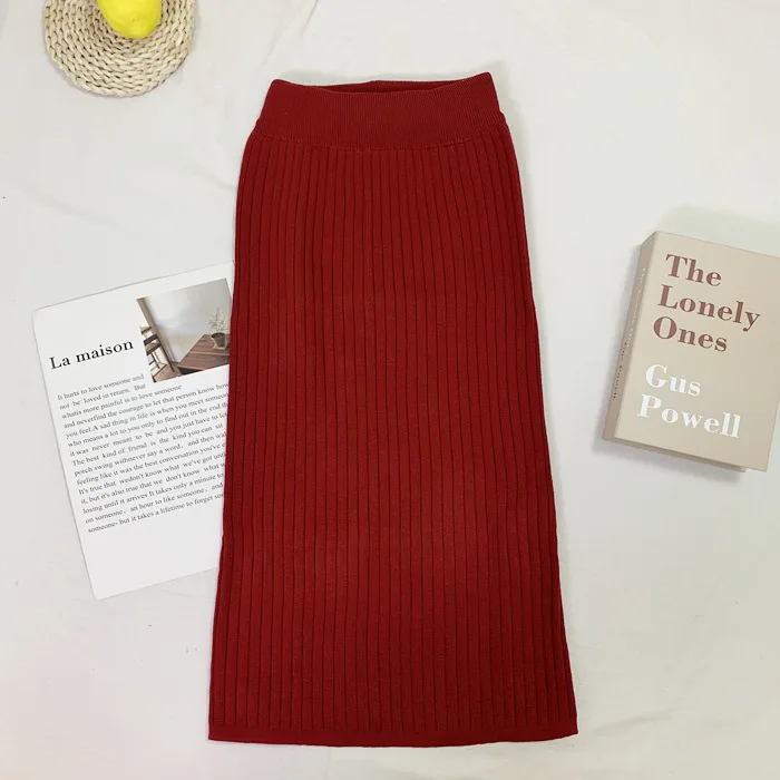 red TMWEVN тонкая трикотажная юбка с высокой талией Faldas Mujer Moda Зимняя юбка - Цвет: red