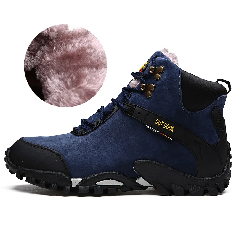 Blue With Fur Boots VESONAL/брендовые зимние ботинки для мужчин; теплые короткие плюшевые ботильоны для взрослых; повседневные мужские туфли; походные кроссовки; мужская обувь - Цвет: Blue With Fur Boots