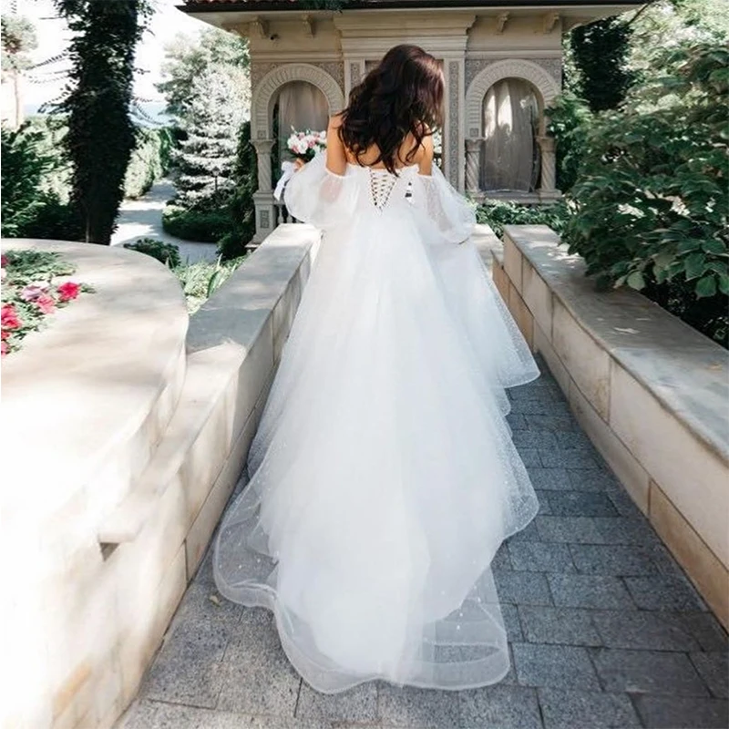 Elegant Wedding Dresses A-Line Sweetheart Puff Sleeves Tulle Snow Net Floor-length Lace Up Sashes Bridal Gowns Vestido De Novia