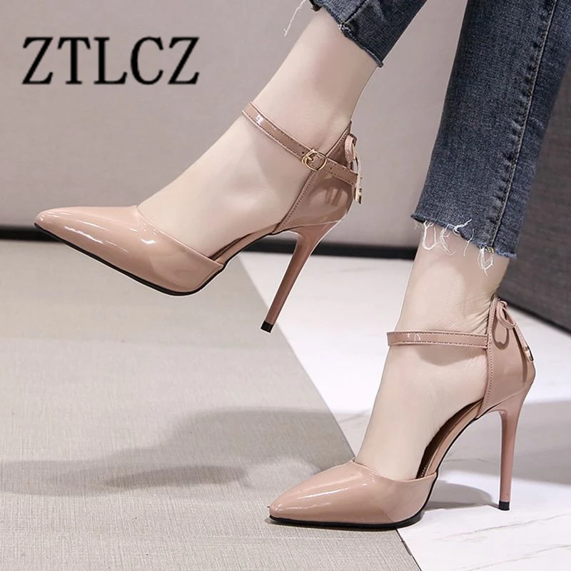 

New Triangle Nude Heels Point Toe Office Shoes Women's Patent Leather Pumps Dress High Heels Wedding Sandalias Mujer 2021 Tacon