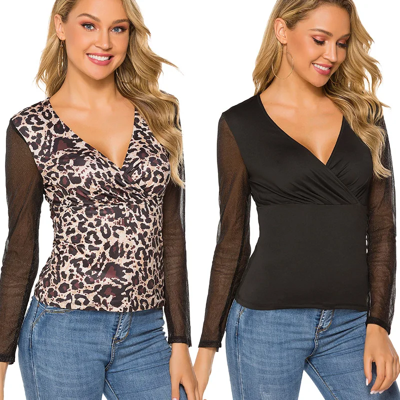 

Hot Sell Mesh Hollow V-Neck Blouse Fashion Women Patchwork Long Sleeve Ladies Leopard Black Cosy Tops Shirts
