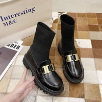 tophqws 2021 retro autumn winter sock boots women british style round toe ankle booties female slip on platform martin booties