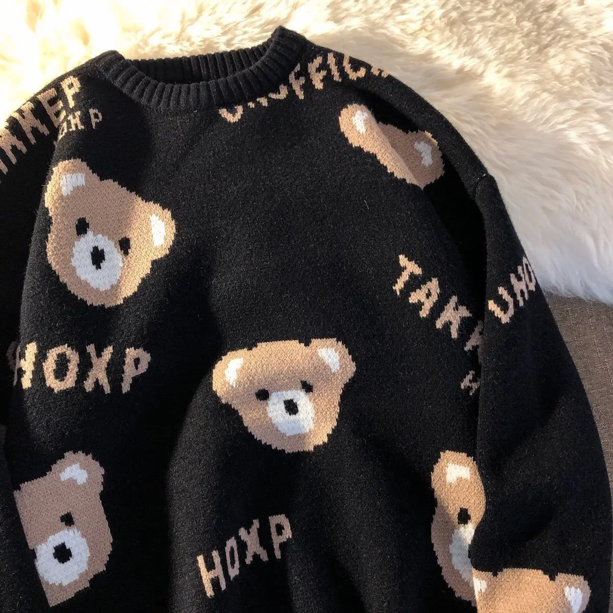 Свитер винно-красный с медведем на новый год Весна Одежда для пар Свободный