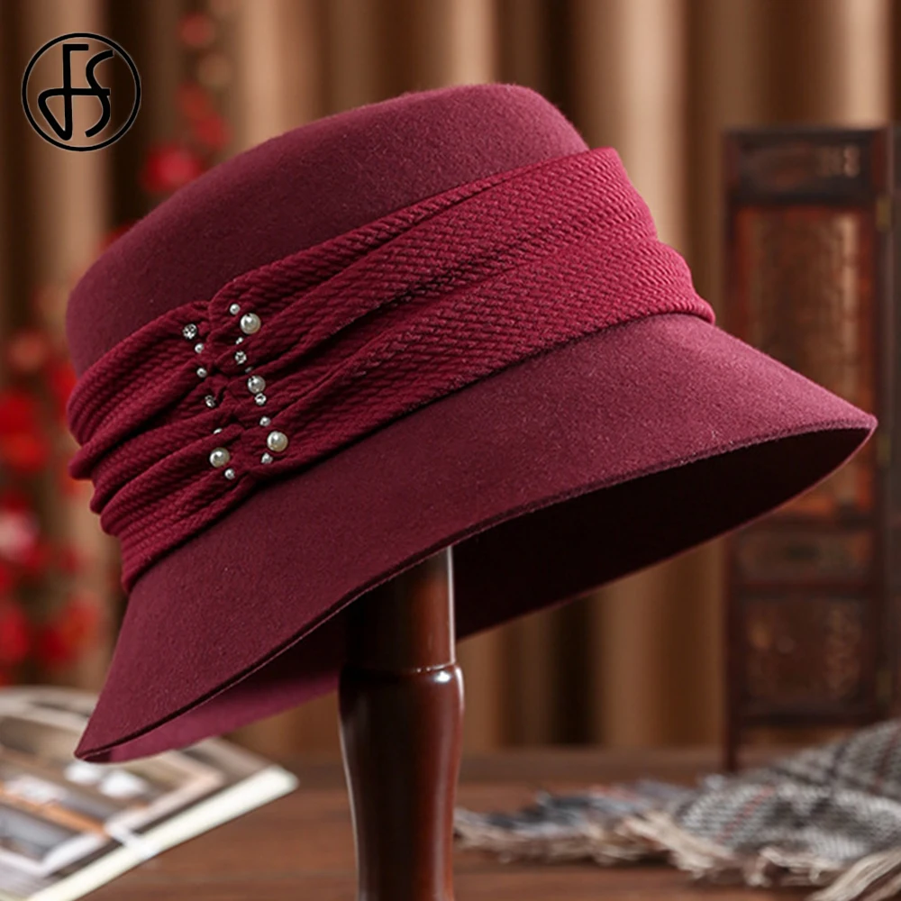 

FS Woolen Basin Dome Top Wool Felt Fedora Hats For Women Winter Warm Church Cloche Derby Hat Fedoras Bowler Cap Beads Ribbon