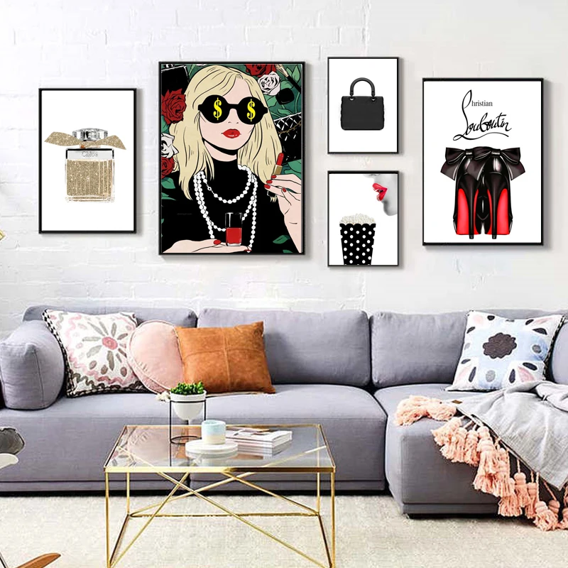 Постер в скандинавском стиле модные очки женская сумочка на высоком каблуке