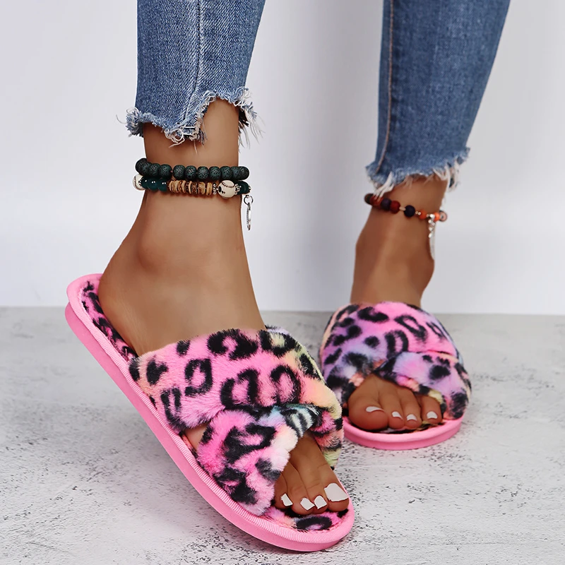 Женские меховые тапочки с леопардовым принтом теплые плюшевые шлепанцы открытым