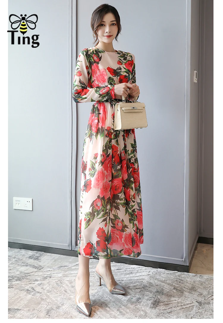 Женское шифоновое платье средней длины с цветочным принтом | Женская одежда