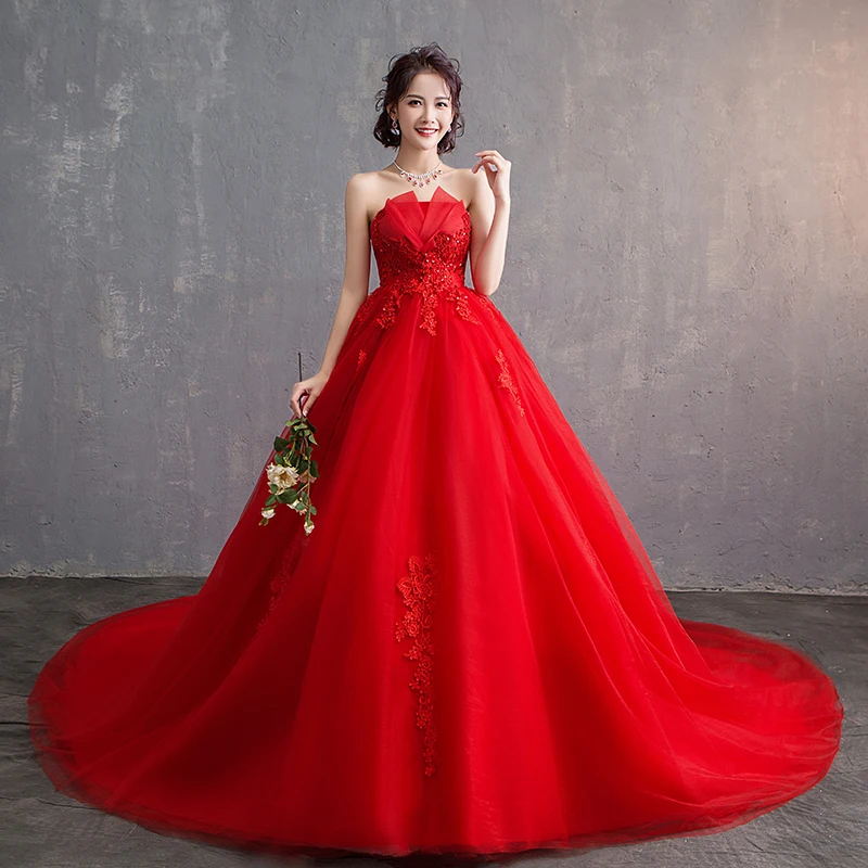 2020 красное свадебное платье со шлейфом кружевная Апликация без бретелек длинное