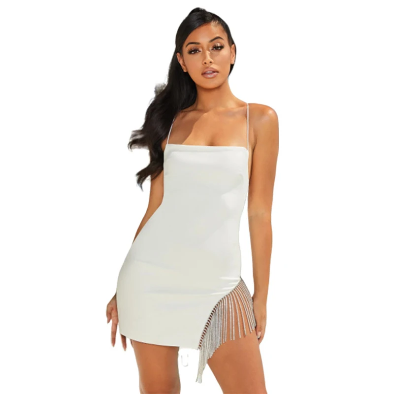 

AL 2021 Sexy Pure Color Tassel Sleeveless Shoulder Patchwork Sheath Dress New Fashion Summer Elegant Haute Club Mini Dress