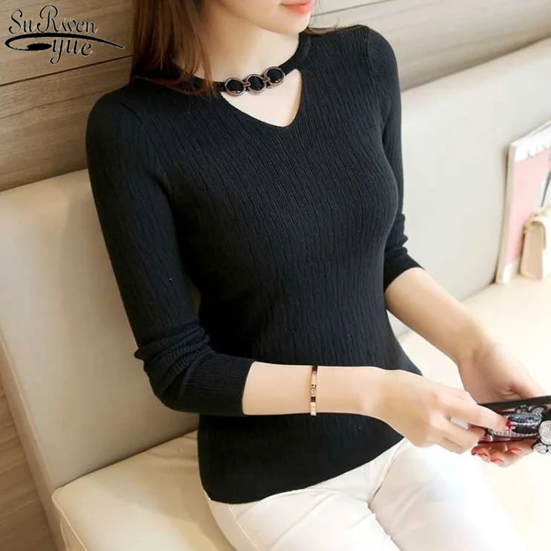 

2021 Women's Pullover Knit Korean New OL Style Autumn and Winter Thin Tight Solid Lonfg Sleeve Slim Women's Sweaters 10609