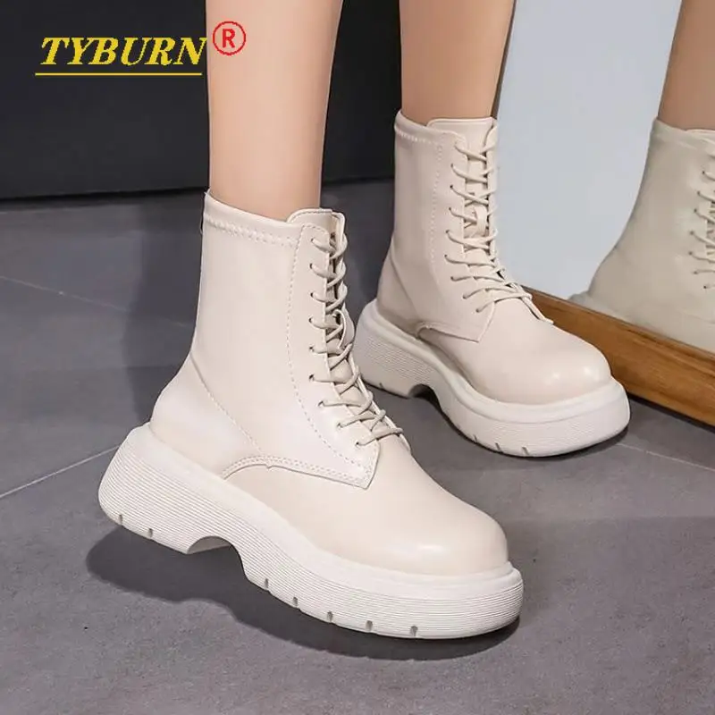 

Genuine Leather Ladies Thick-soled Martin Boots Autumn Fashion Thick-soled Lace-up Motorcycle Boots British Style Short Boots