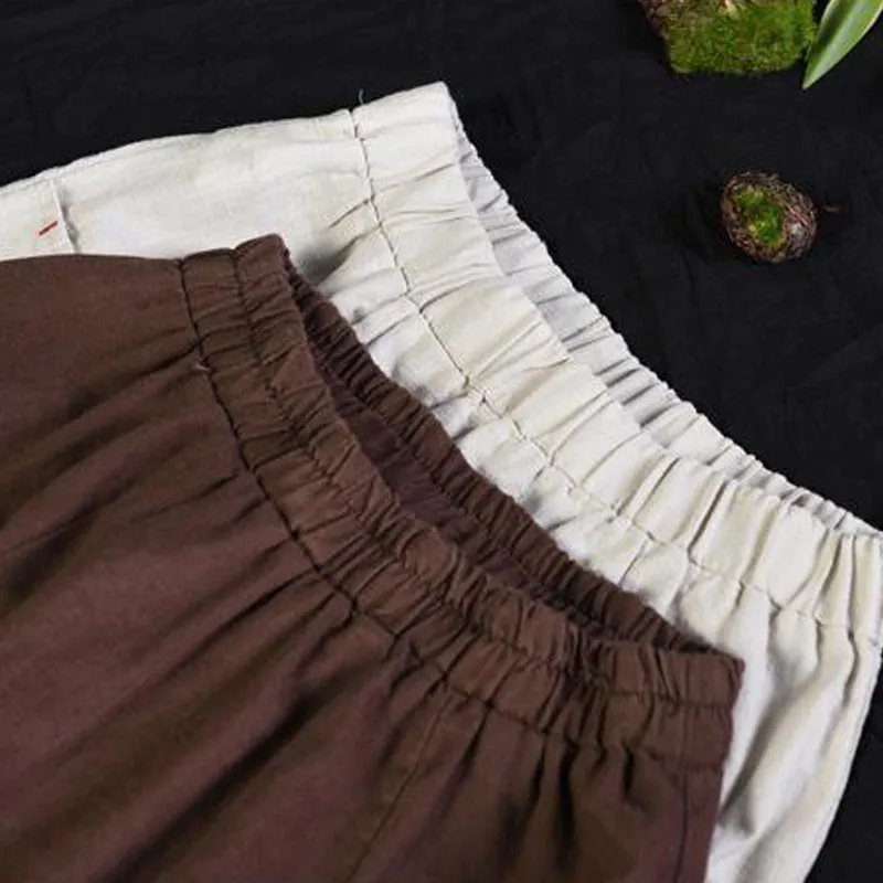 

Johnature Autumn New Cotton Linen Loose Leisure Patchwork Pockets Elastic Waist Half Skirts 2021 Women All-match Fashion Skirt