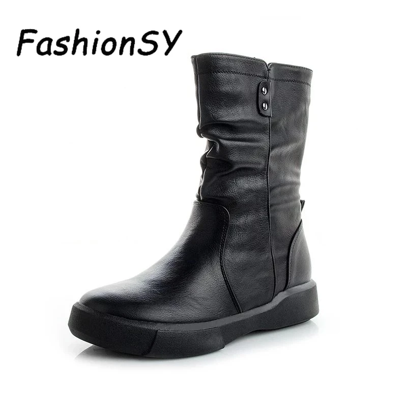 Женские ботинки до середины икры кожаная женская обувь на молнии Осень-зима