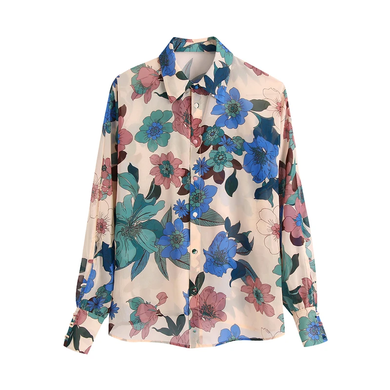 

Блузка женская с цветочным принтом, длинным рукавом и пуговицами