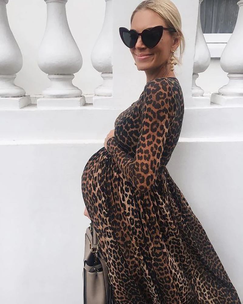 

Платья для беременных с длинным рукавом и высоким воротником с леопардовым принтом весеннее платье для беременных элегантная одежда для бе...