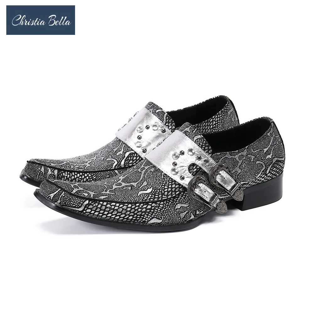 Christia Bella Silver Pattern Rivets Party Men Shoes Genuine Leather Buckle Men Dress Shoes Monk Strap Oxford Leather Shoes