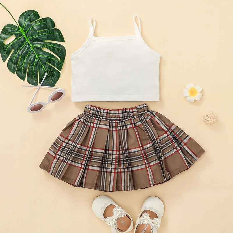 

2022 Summer Children Sets Spaghetti Strap White Tops Brown Plaid Skirt 2Pcs Roupa Infantil Menina Clothes Sets Custume 18M-6T
